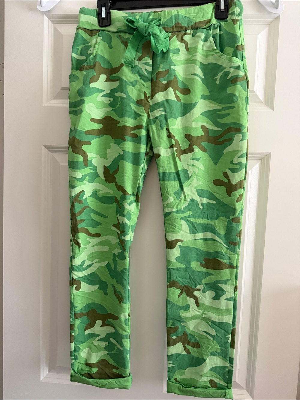 NWOT Lime Green Camo Drawstring crinkle joggers Women.